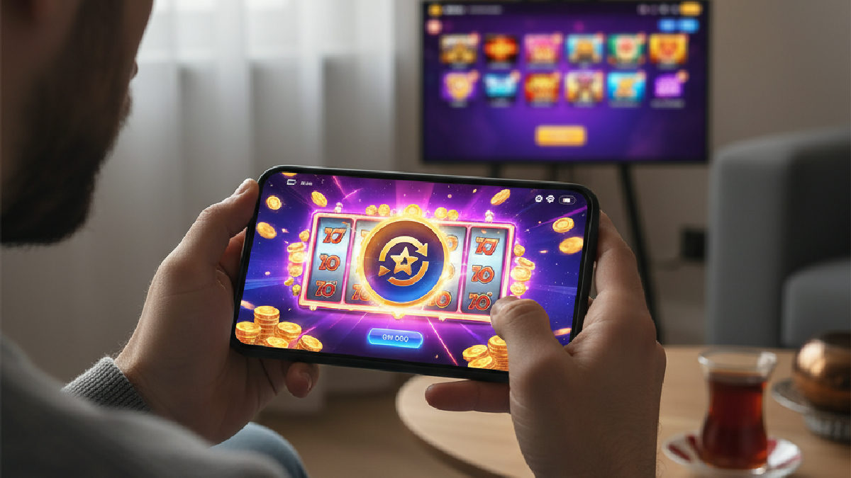 Mobil cihaz üzerinden aktif olarak casino freespin bonusu kullanan oyuncu ve slot oyunu